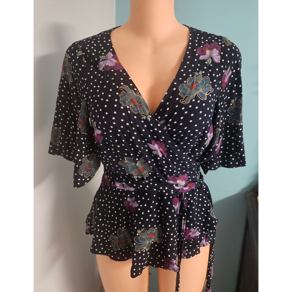 LOFT Floral Polka Dot Wrap Top Women Size Medium Navy Blue Peplum V-Neck Blouse